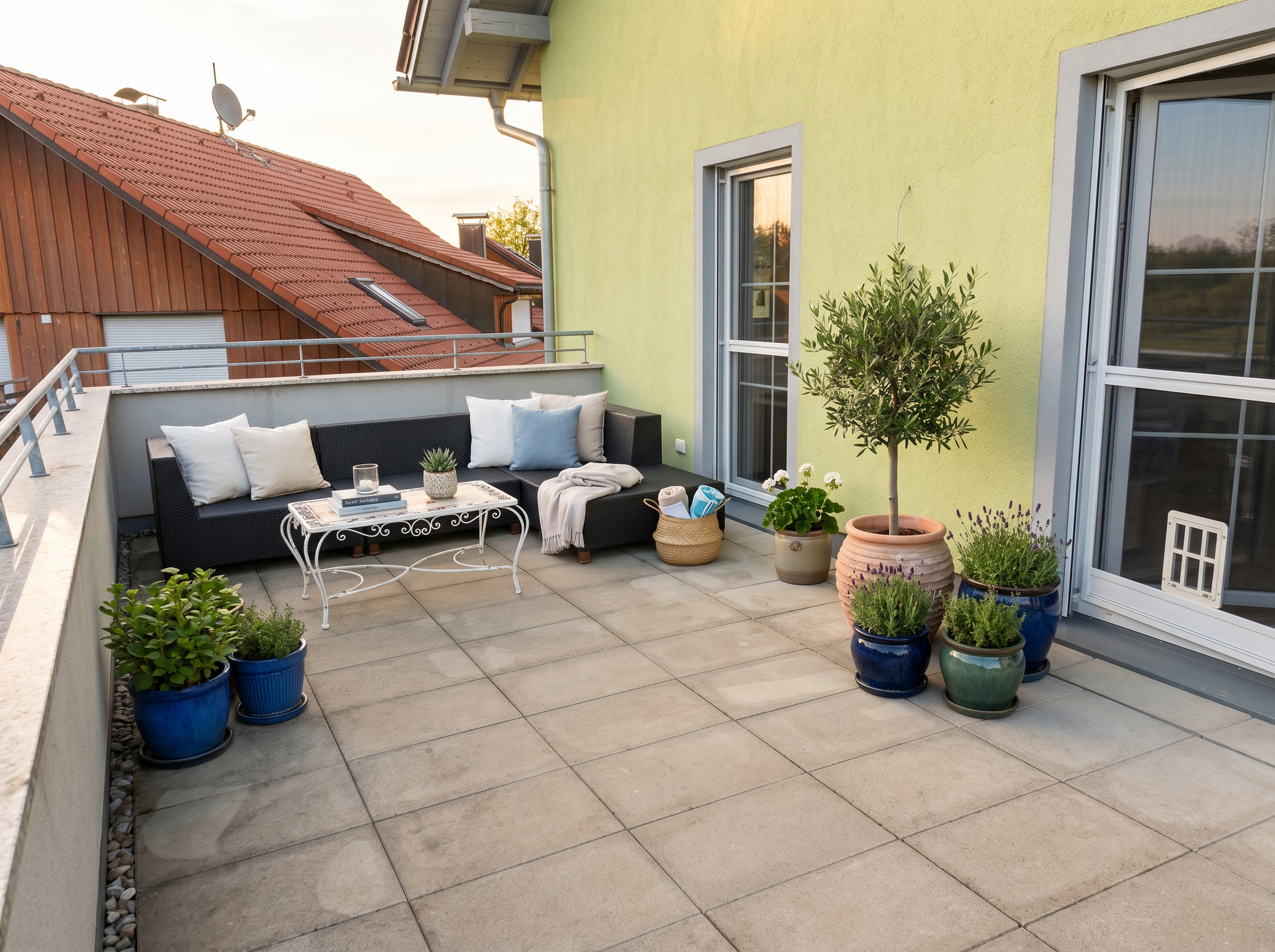 Großzügiger Balkon der Maisonette-Wohnung mit Außensitzbereich und Bepflanzung